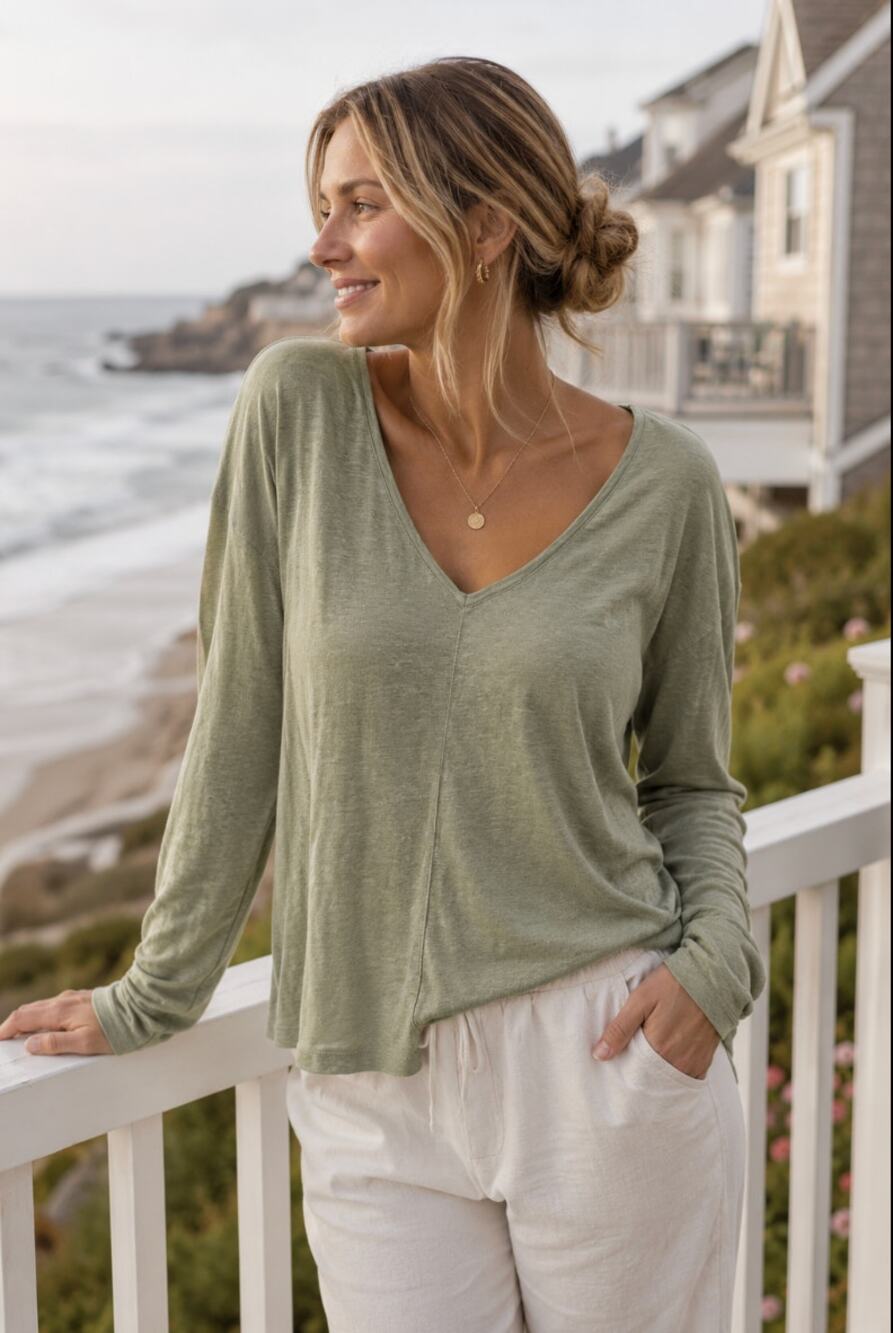 Tahari Linen Sage Green Coastal Casual Minimalist Prep Long Sleeve M Sustainable